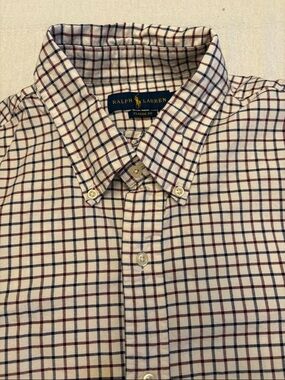 Ralph Lauren White Button-Down Shirt with Navy & Burgundy Windowpane